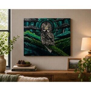 Silent Watcher Original Great Grey Owl Acrylic Painting Wildlife Forest Art